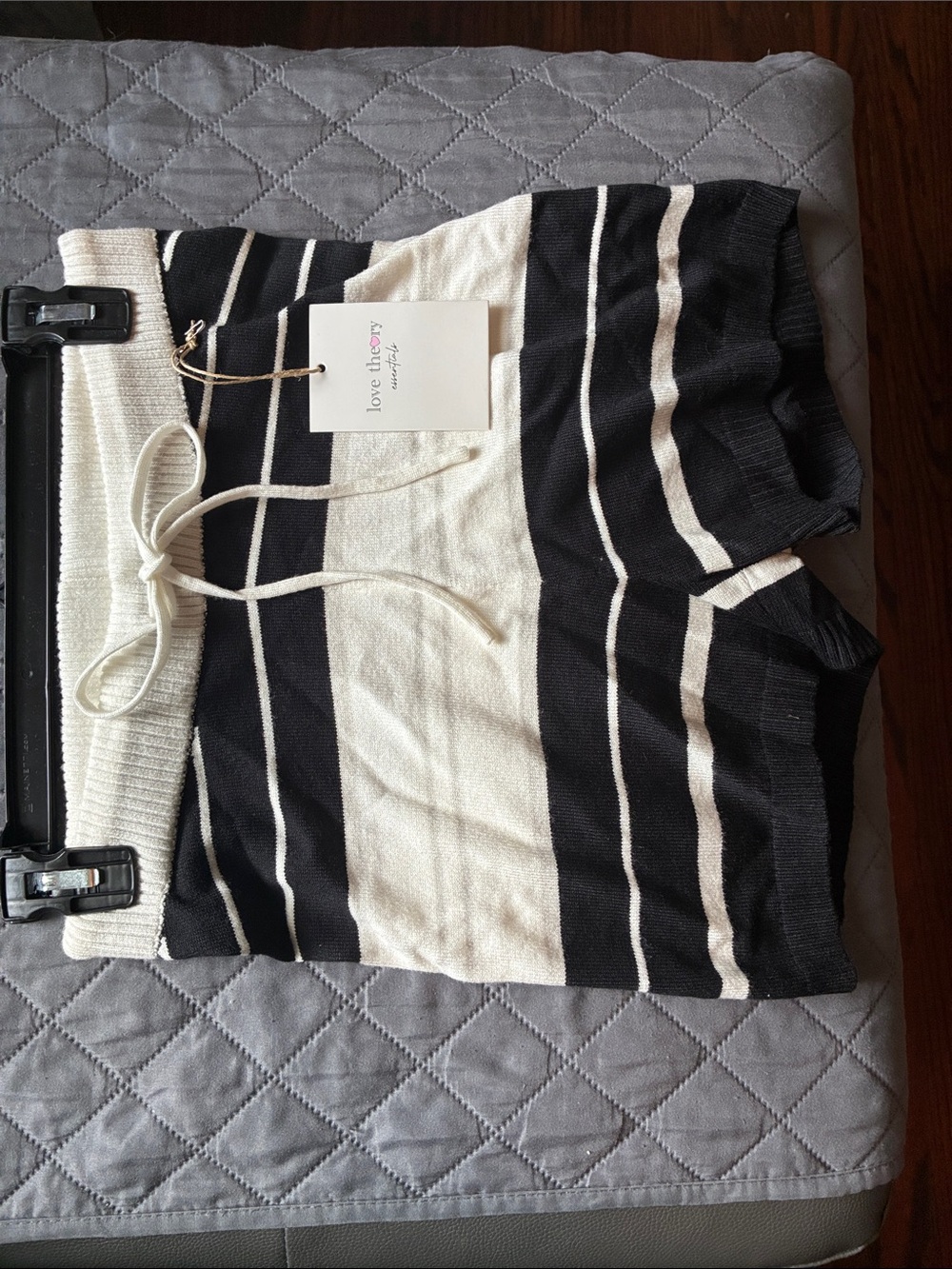Theory Black and Cream Striped Knit Drawstring Shorts